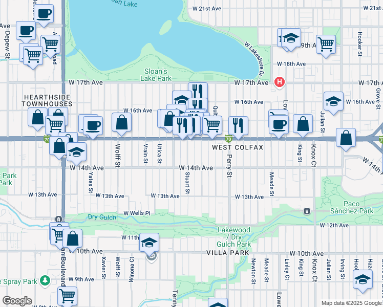map of restaurants, bars, coffee shops, grocery stores, and more near 1451 Raleigh Street in Denver
