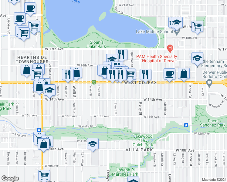map of restaurants, bars, coffee shops, grocery stores, and more near 1448 Tennyson Street in Denver