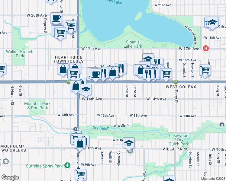 map of restaurants, bars, coffee shops, grocery stores, and more near 1461 Winona Court in Denver