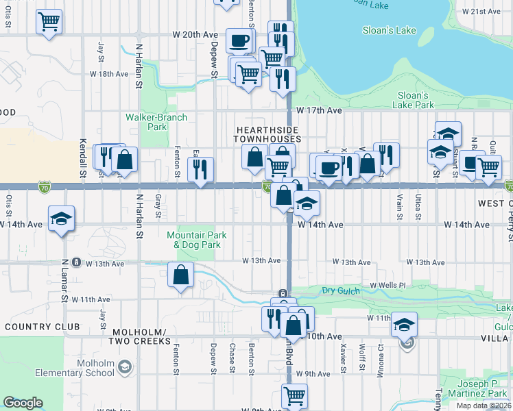 map of restaurants, bars, coffee shops, grocery stores, and more near 1456 Benton Street in Lakewood