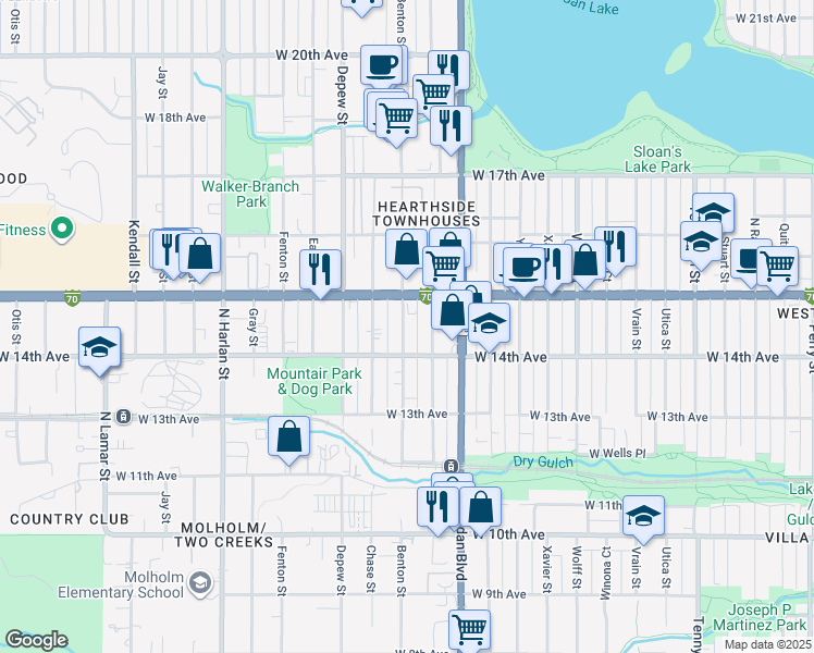 map of restaurants, bars, coffee shops, grocery stores, and more near 1456 Benton Street in Lakewood