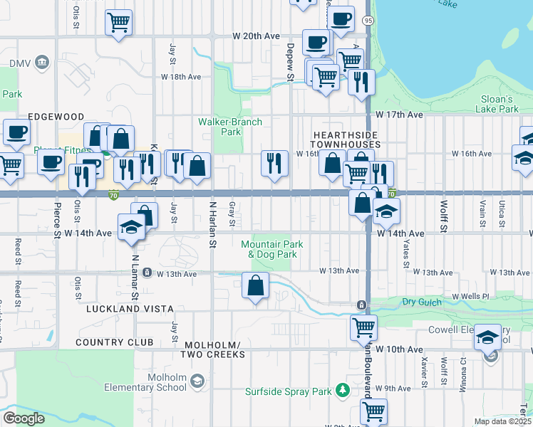 map of restaurants, bars, coffee shops, grocery stores, and more near 1460 Fenton Street in Lakewood