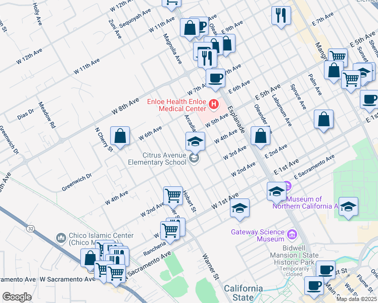 map of restaurants, bars, coffee shops, grocery stores, and more near 344 West 4th Avenue in Chico
