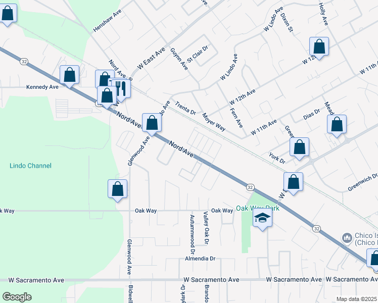 map of restaurants, bars, coffee shops, grocery stores, and more near 2180 Nord Avenue in Chico