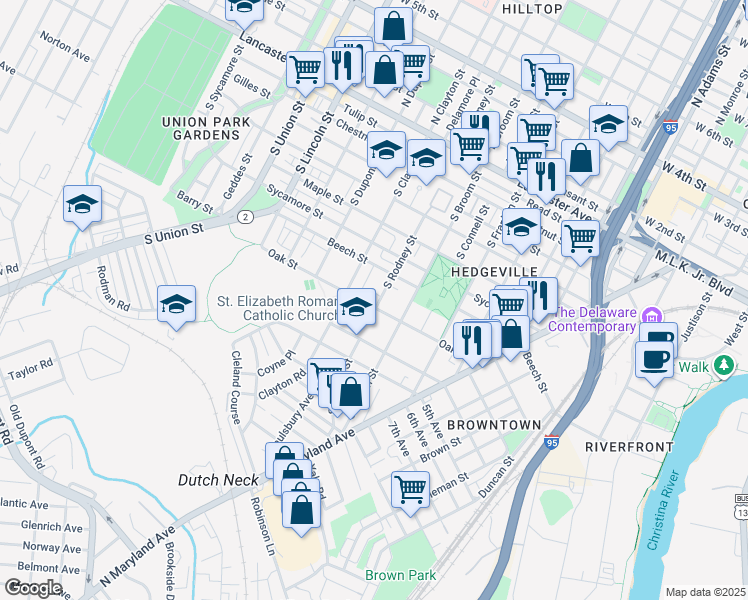 map of restaurants, bars, coffee shops, grocery stores, and more near 704 South Rodney Street in Wilmington