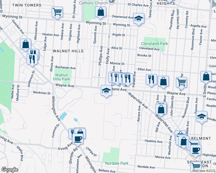 map of restaurants, bars, coffee shops, grocery stores, and more near 2712 Wayne Avenue in Dayton
