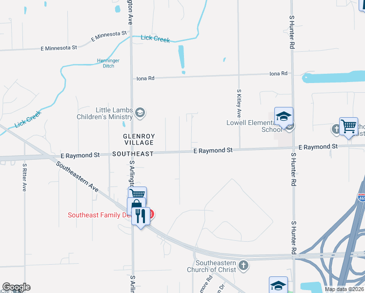 map of restaurants, bars, coffee shops, grocery stores, and more near 6206 East Raymond Street in Indianapolis