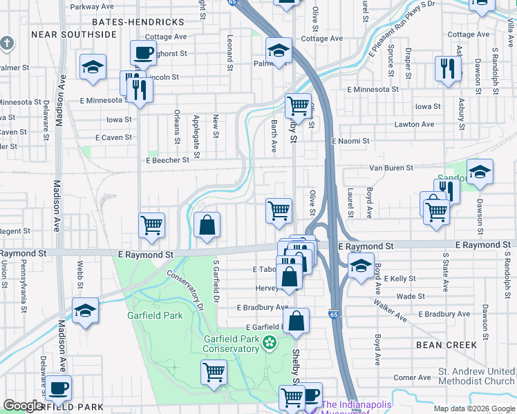 map of restaurants, bars, coffee shops, grocery stores, and more near 2101 Ringgold Avenue in Indianapolis