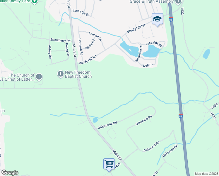 map of restaurants, bars, coffee shops, grocery stores, and more near 181 Windy Hill Rd in New Freedom