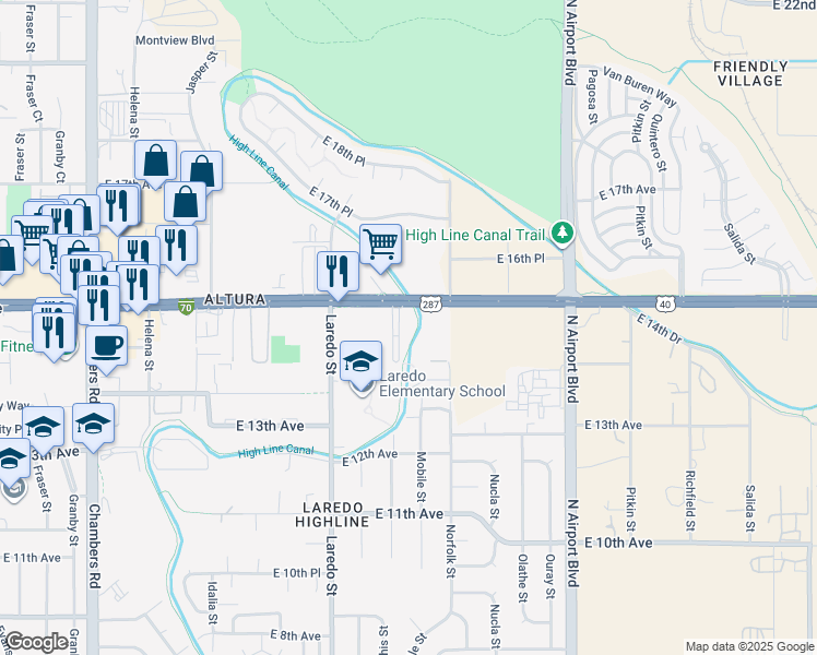 map of restaurants, bars, coffee shops, grocery stores, and more near 16350 East Colfax Avenue in Aurora