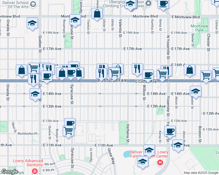 map of restaurants, bars, coffee shops, grocery stores, and more near 1435 Uinta Street in Denver