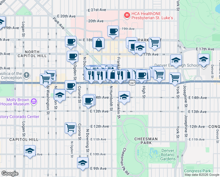 map of restaurants, bars, coffee shops, grocery stores, and more near 1441 North Humboldt Street in Denver