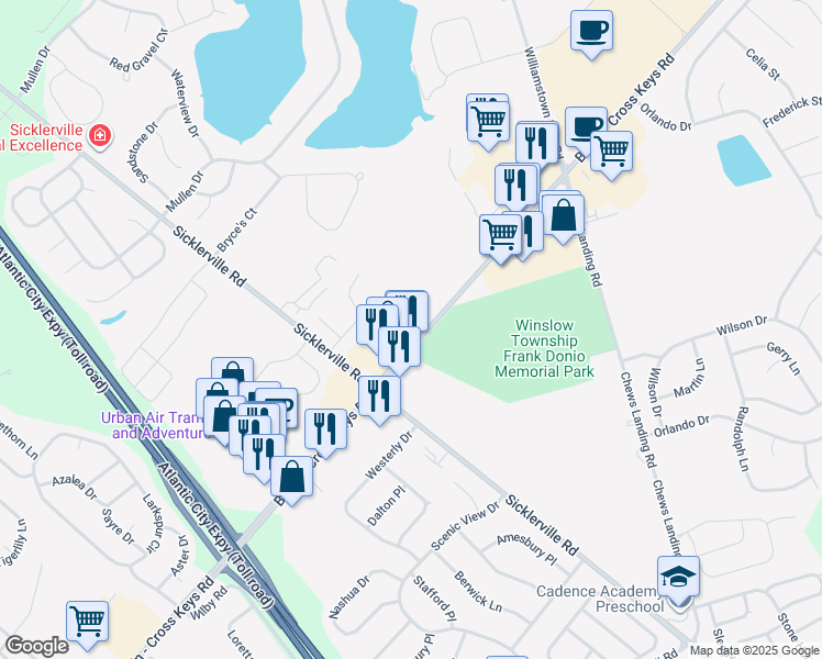 map of restaurants, bars, coffee shops, grocery stores, and more near 571 Berlin - Cross Keys Road in Sicklerville