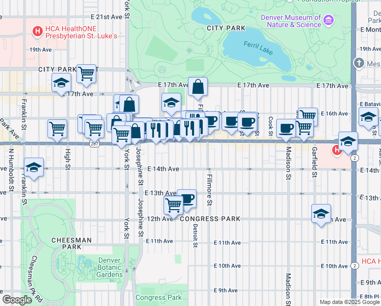 map of restaurants, bars, coffee shops, grocery stores, and more near 1460 Clayton Street in Denver