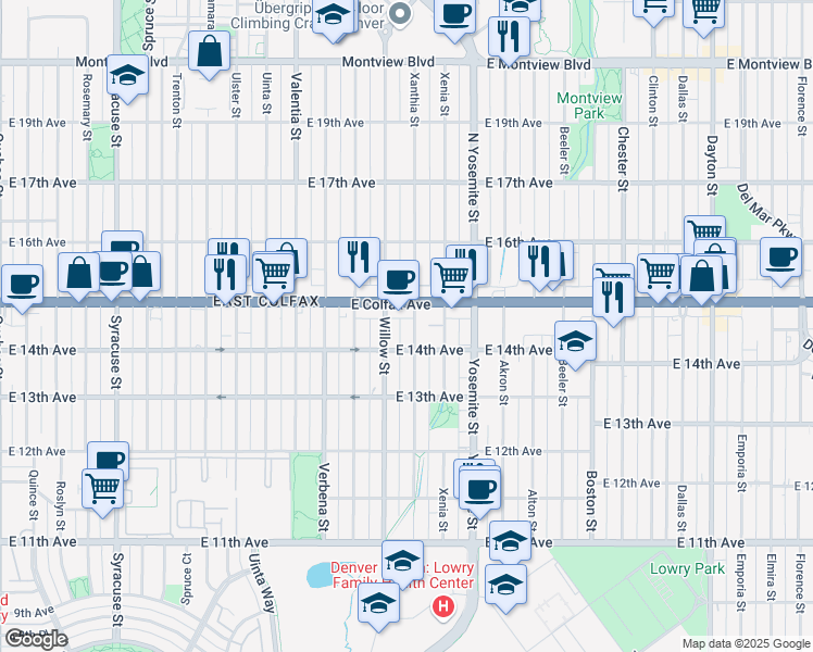 map of restaurants, bars, coffee shops, grocery stores, and more near 1437 Xanthia Street in Denver