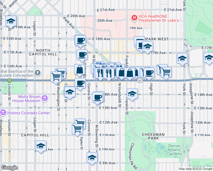 map of restaurants, bars, coffee shops, grocery stores, and more near 1454 Marion Street in Denver