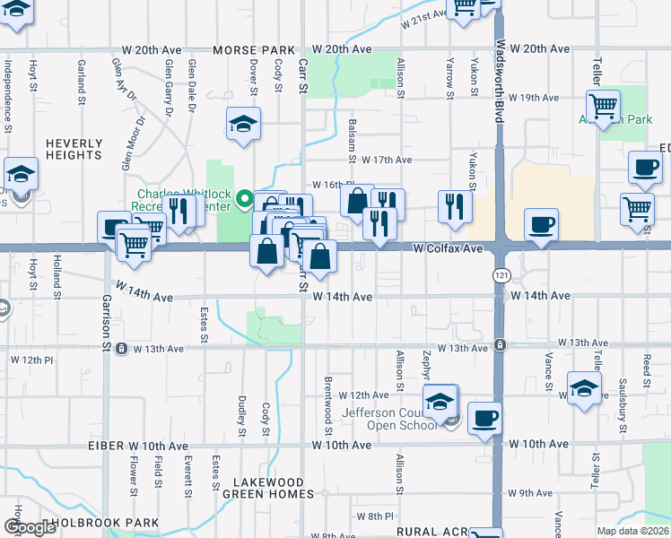 map of restaurants, bars, coffee shops, grocery stores, and more near 1475 Brentwood Street in Lakewood