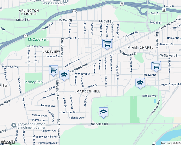 map of restaurants, bars, coffee shops, grocery stores, and more near 2319 Weaver Street in Dayton