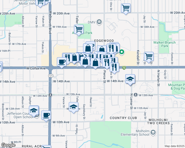map of restaurants, bars, coffee shops, grocery stores, and more near 1460 Reed Street in Lakewood
