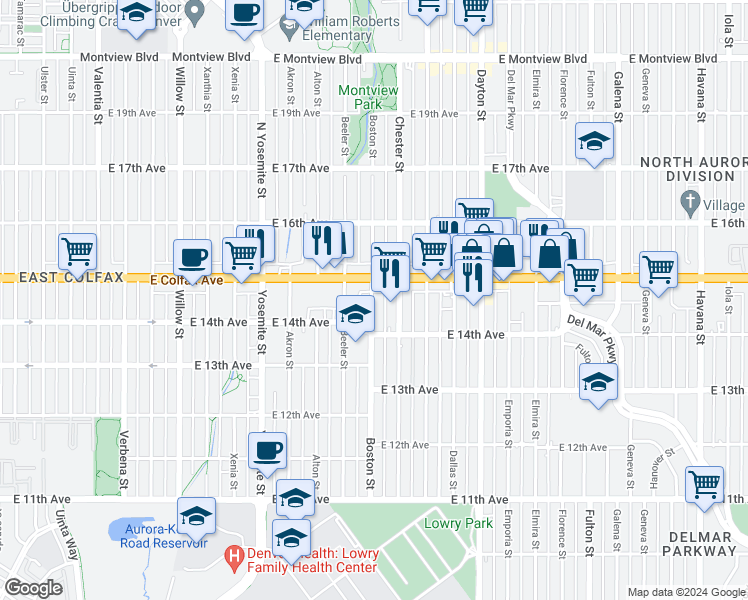 map of restaurants, bars, coffee shops, grocery stores, and more near 1478 Boston Street in Aurora