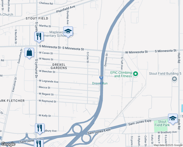 map of restaurants, bars, coffee shops, grocery stores, and more near 4812 West Beecher Street in Indianapolis