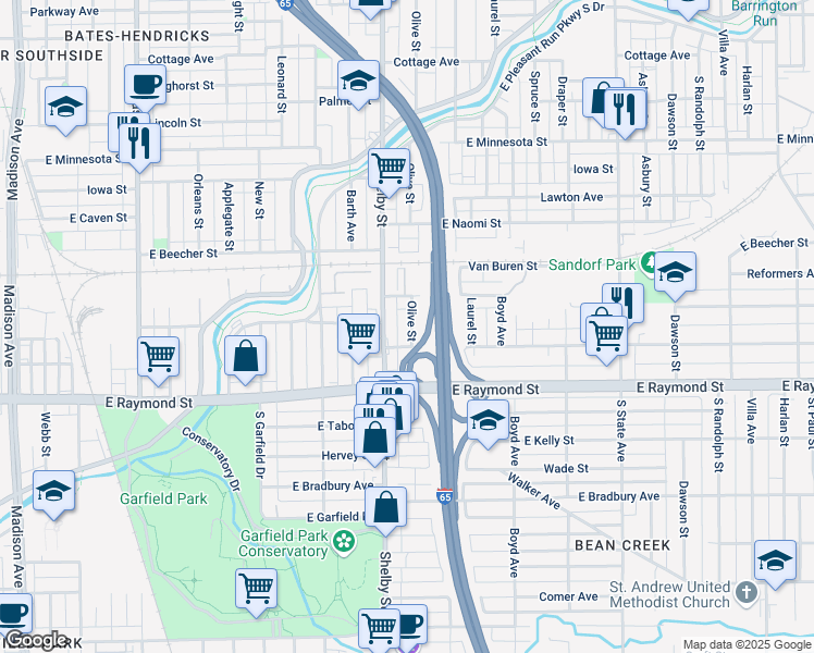 map of restaurants, bars, coffee shops, grocery stores, and more near 2032 South Olive Street in Indianapolis