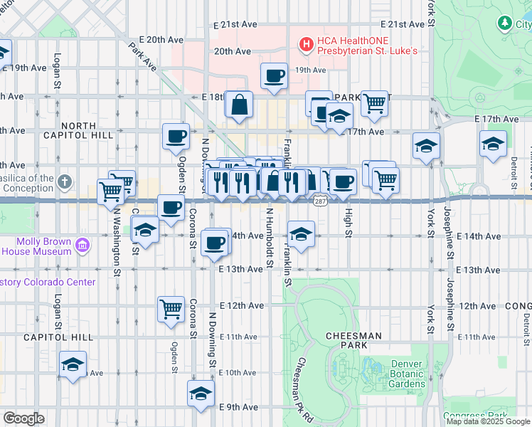 map of restaurants, bars, coffee shops, grocery stores, and more near 1441 Humboldt Street in Denver