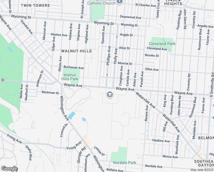 map of restaurants, bars, coffee shops, grocery stores, and more near 2600 Wayne Avenue in Dayton