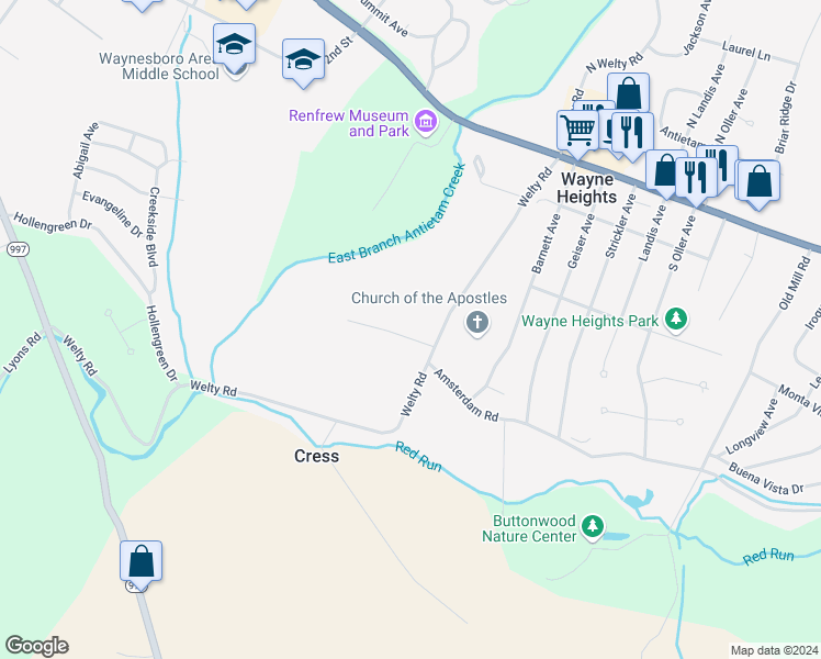 map of restaurants, bars, coffee shops, grocery stores, and more near 945 Quail Run Drive in Waynesboro