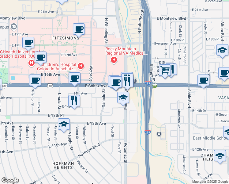 map of restaurants, bars, coffee shops, grocery stores, and more near 13650 East Colfax Avenue in Aurora