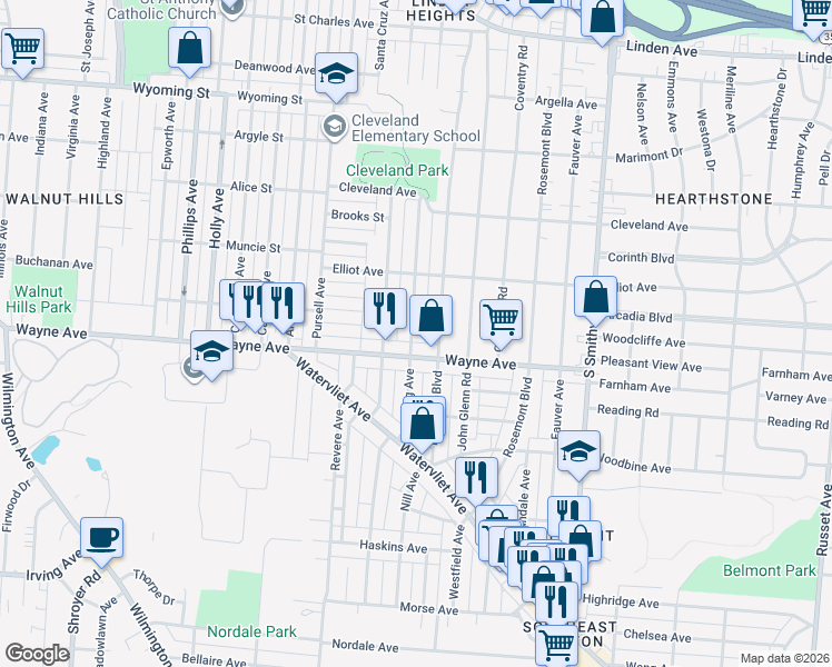 map of restaurants, bars, coffee shops, grocery stores, and more near 1910 King Avenue in Dayton