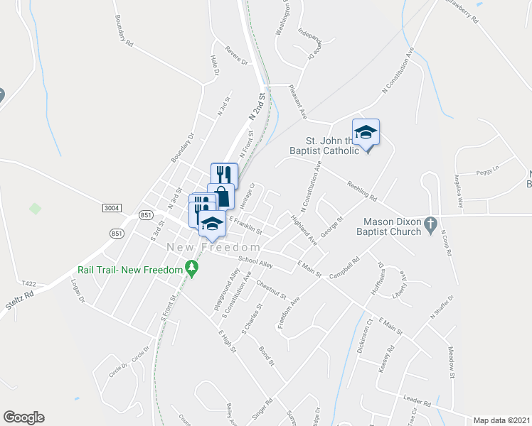 map of restaurants, bars, coffee shops, grocery stores, and more near 106 Waneta Street in New Freedom