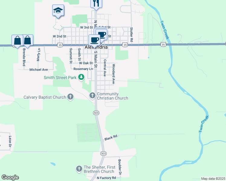 map of restaurants, bars, coffee shops, grocery stores, and more near 20 Elm Street in West Alexandria