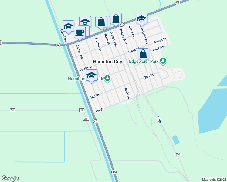 map of restaurants, bars, coffee shops, grocery stores, and more near 351 2nd Street in Hamilton City