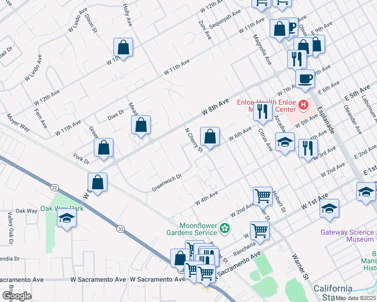 map of restaurants, bars, coffee shops, grocery stores, and more near 813 Greenwich Drive in Chico