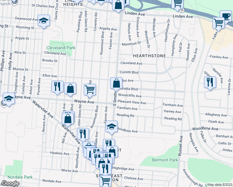 map of restaurants, bars, coffee shops, grocery stores, and more near 1844 Smithville Road in Dayton
