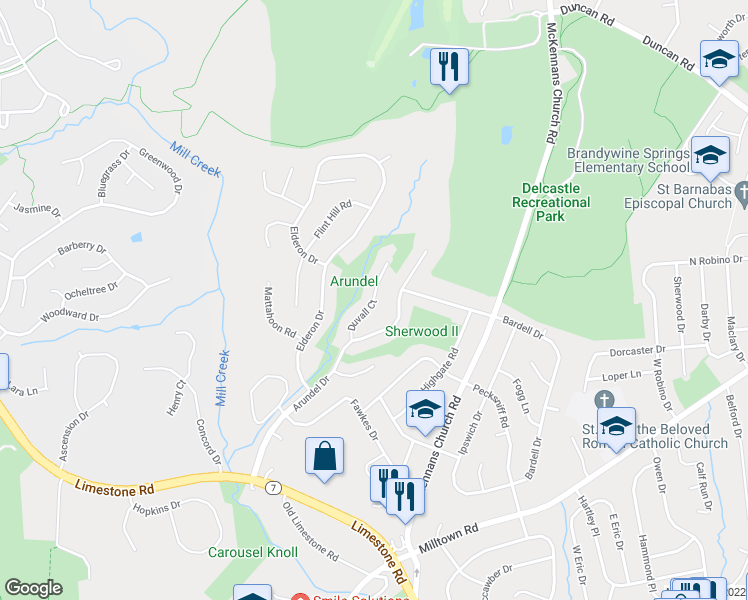 map of restaurants, bars, coffee shops, grocery stores, and more near 17 Duvall Court in Wilmington