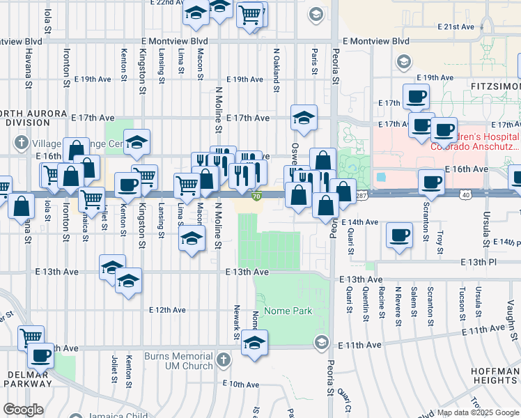 map of restaurants, bars, coffee shops, grocery stores, and more near 11712 East Colfax Avenue in Aurora