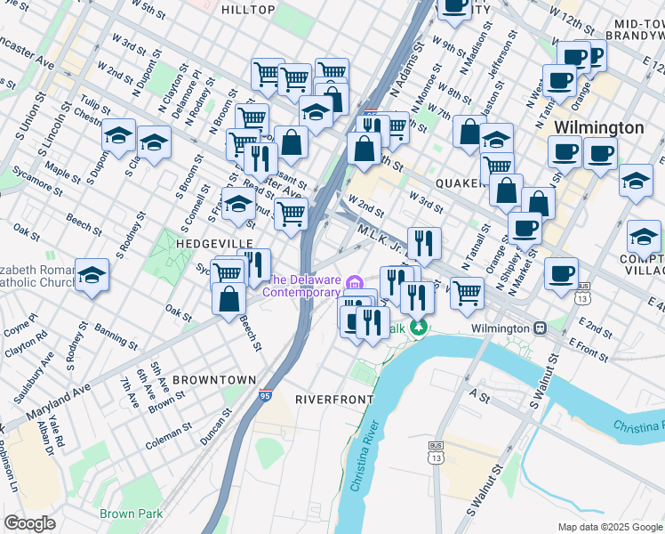 map of restaurants, bars, coffee shops, grocery stores, and more near 200 Maryland Avenue in Wilmington
