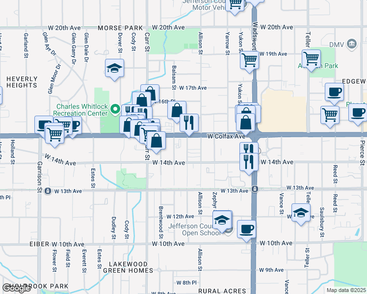 map of restaurants, bars, coffee shops, grocery stores, and more near 1480 Ammons Street in Lakewood