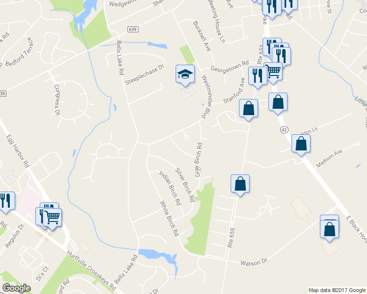 map of restaurants, bars, coffee shops, grocery stores, and more near 7 River Birch Road in Washington Township