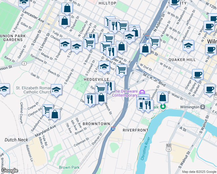 map of restaurants, bars, coffee shops, grocery stores, and more near 429 South Van Buren Street in Wilmington