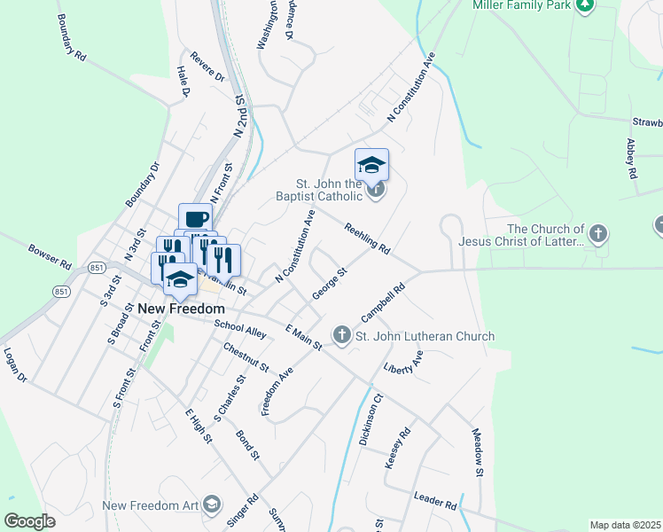 map of restaurants, bars, coffee shops, grocery stores, and more near 16134 Reese Road in New Freedom