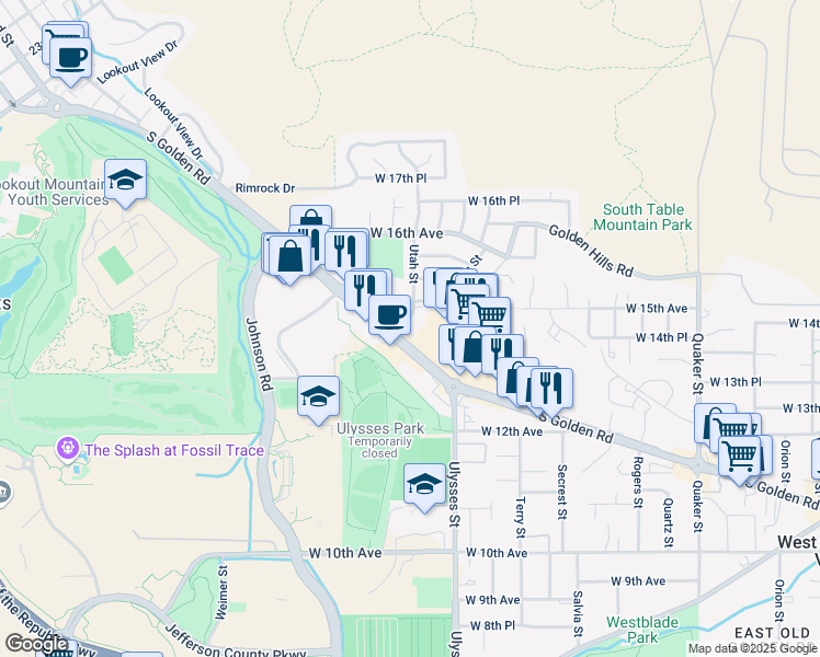 map of restaurants, bars, coffee shops, grocery stores, and more near 1400 Utah Street in Golden