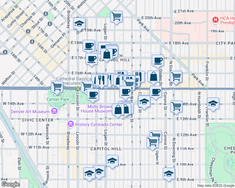 map of restaurants, bars, coffee shops, grocery stores, and more near in Denver