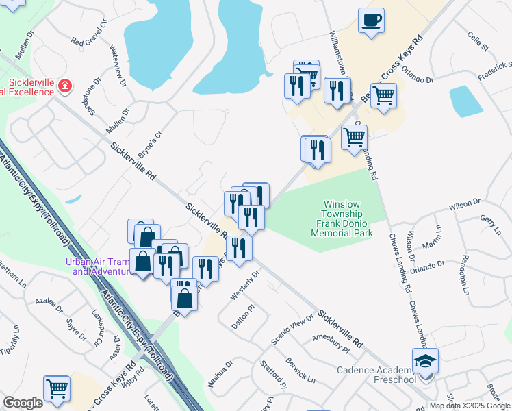 map of restaurants, bars, coffee shops, grocery stores, and more near 571 Berlin - Cross Keys Road in Sicklerville
