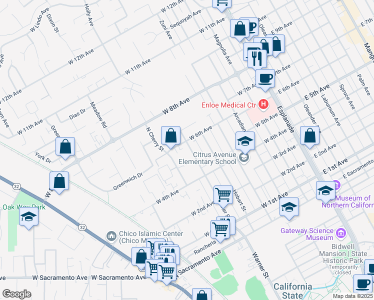 map of restaurants, bars, coffee shops, grocery stores, and more near 1527 Warner St in Chico
