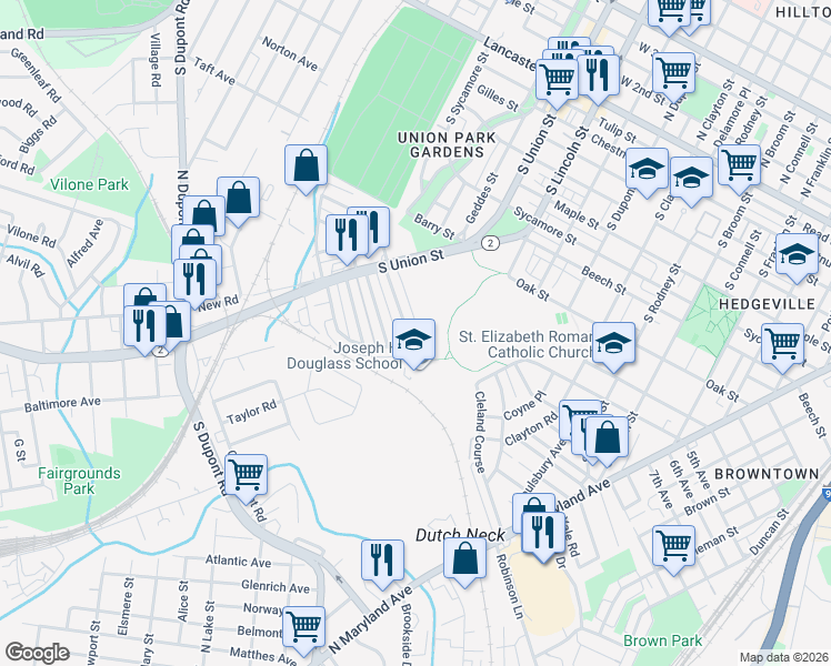 map of restaurants, bars, coffee shops, grocery stores, and more near 1907 Prospect Road in Wilmington
