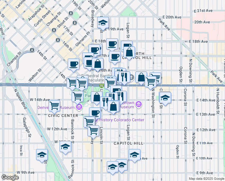 map of restaurants, bars, coffee shops, grocery stores, and more near 200 East Colfax Avenue in Denver