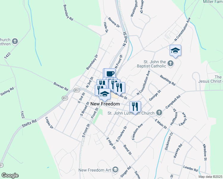 map of restaurants, bars, coffee shops, grocery stores, and more near 1 East Franklin Street in New Freedom